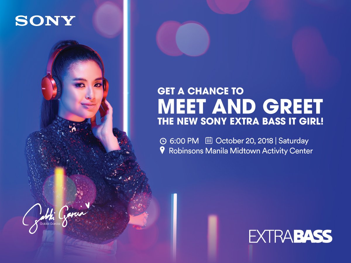 SonyPHinc's tweet photo. Get your chance to meet and greet @_gabbigarcia!

Here's how:
-Buy any Sony Extra Bass products from Sony stores or any carrying outlet from Oct 19 until 5pm of Oct 20.
-Present your receipt at the designated area of Sony Extra Bass Mall Tour.

See you! https://t.co/2Jr2dAl4vy