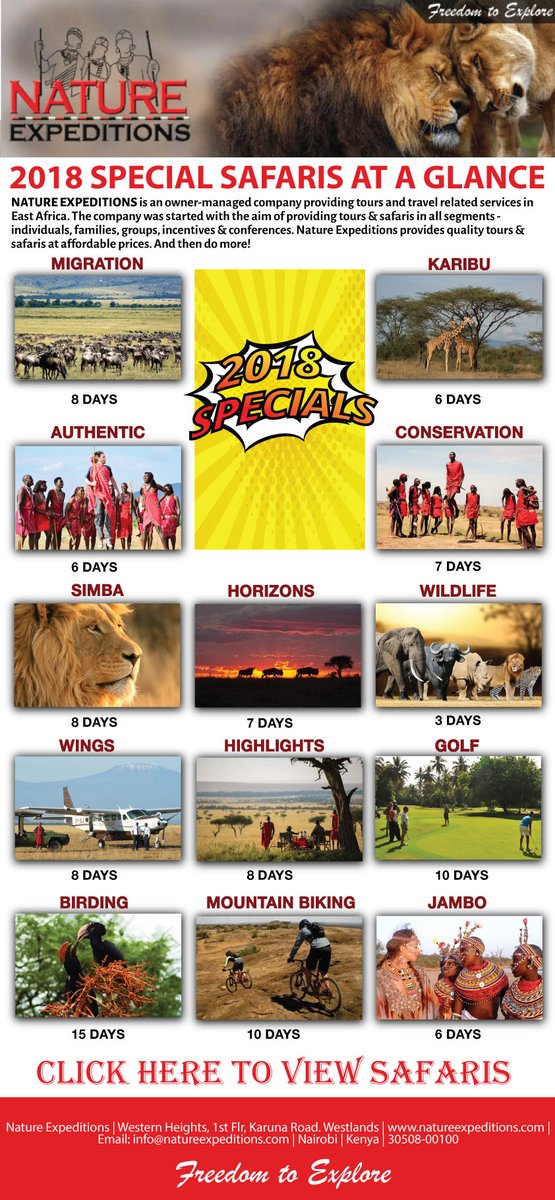 Pick a Destination and let us do the Planning for You!!!
🦁🦁🦁🙉🐒🦋🐠🐘🦏🦛🐆🌲🌖
#MagicalKenya #JamboKenya #AdventureSafari

Email; info@naturexpeditions.com

Click naturexpeditions.com for more Safaris