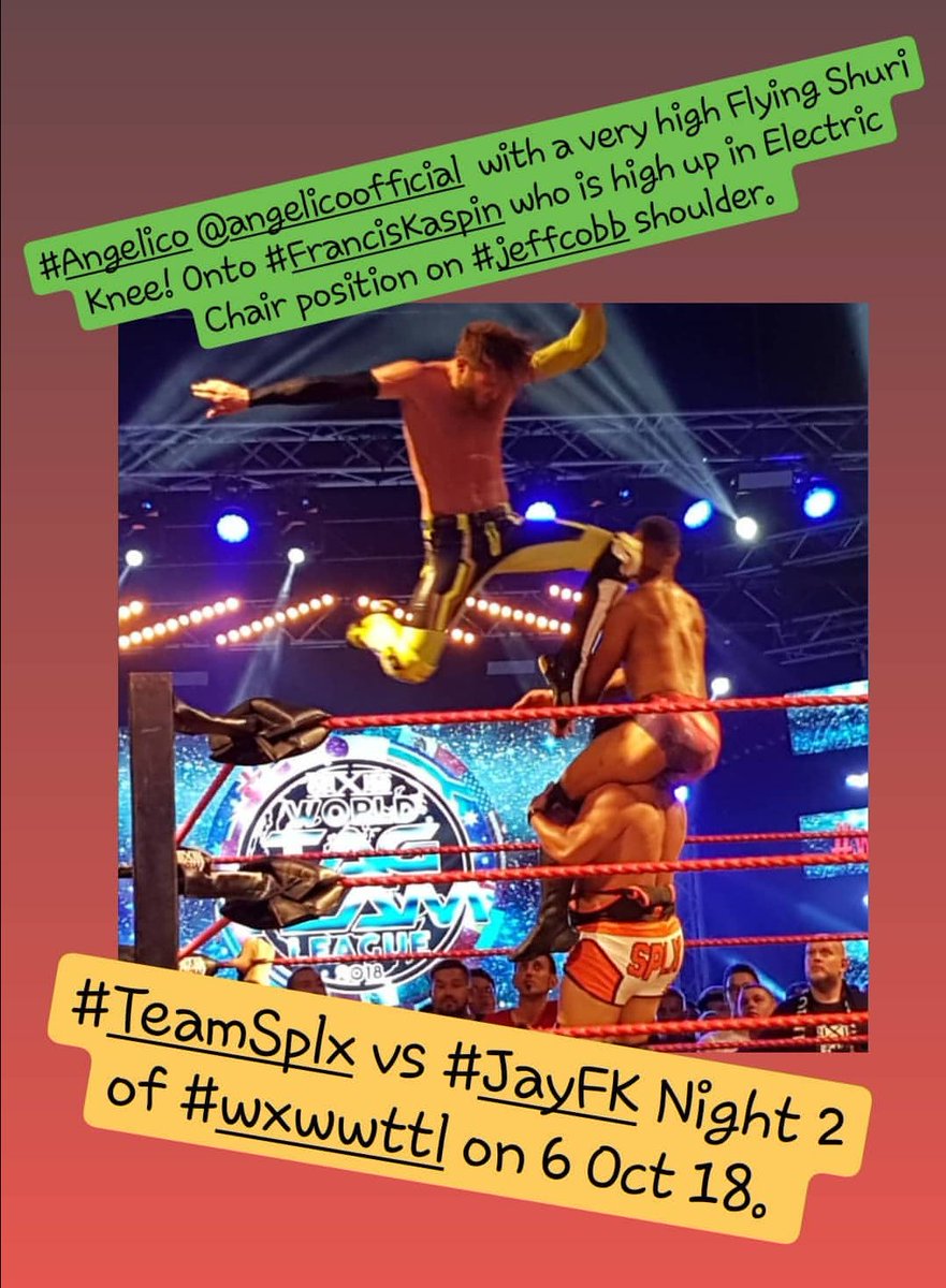 AngelicoTeam's tweet photo. #tbt High Flying Shuri Knee from #Angelico onto #JaySkillet! As #TeamSplx with #JeffCobb vs #JayFK at 6 Oct 18 #wxw #wxwttl in #Oberhausen 
#Germany. Details(https://t.co/a1n8BNhbRN). VOD Days 1-3 out on #wXwNOW ➡https://t.co/xyjGCKfi49! #wrestling #splx #ProWrestling #wrestler https://t.co/jPVQGfm90p