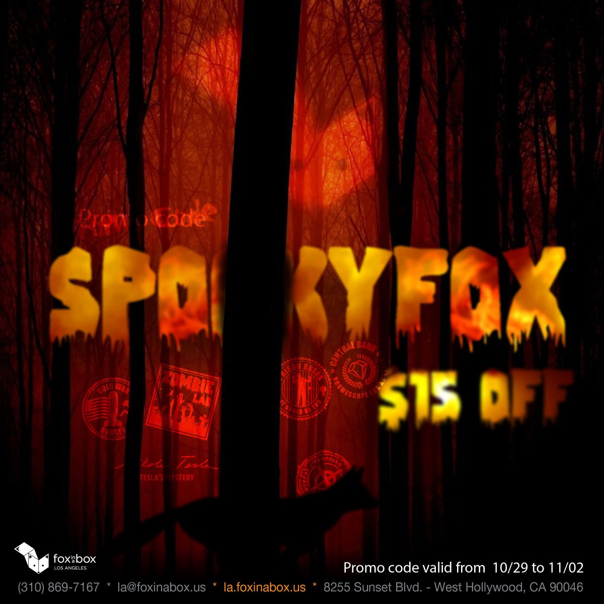 It is Halloween-time once more and we've got you covered with spooky fun here at Fox in a Box Los Angeles! Book a room today and use the promo code: SPOOKYFOX to get $15 OFF!
*Promo code valid from 10/29 to 11/02