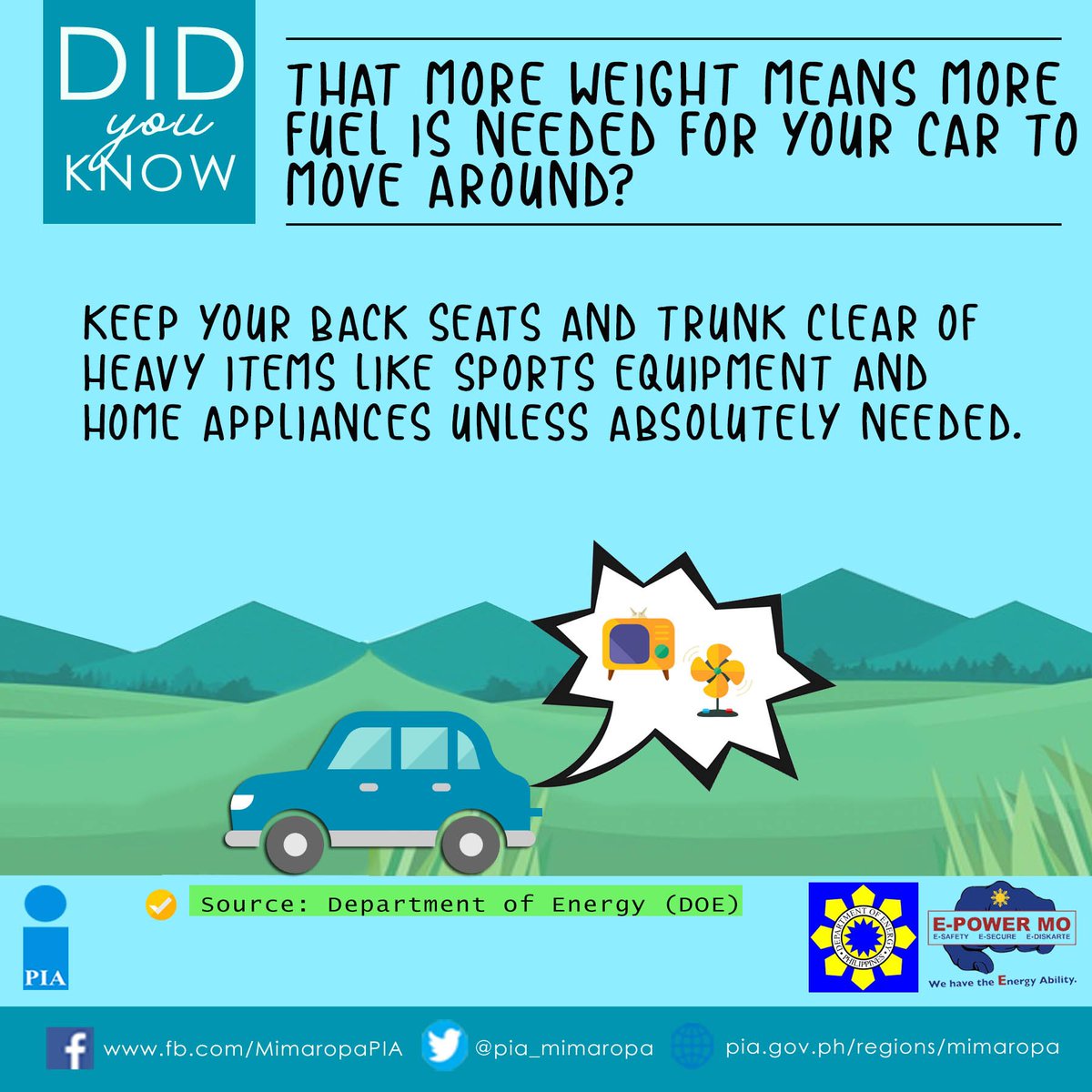 pia_mimaropa's tweet photo. DID YOU KNOW that more weight means more fuel is needed for your car to move around?
#EPowerMo #ESafetyMo #ESecureMo #EDiskarteMo https://t.co/qnilG1NoYE