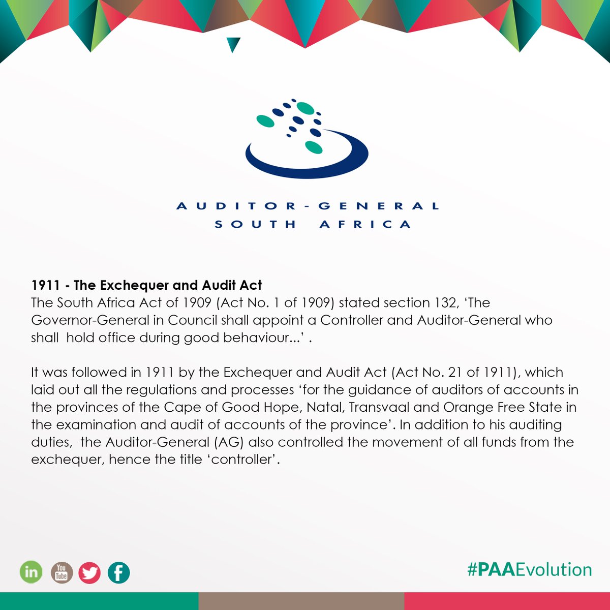 AuditorGen_SA's tweet photo. The @AuditorGen_SA is mandated by legislation to perform constitutional and other functions. It all started in 1911 and the legislation has evolved into what we know as the Public Audit Act (PAA). #PAAEvolution #PAAamendment https://t.co/1kT4jkfCj0