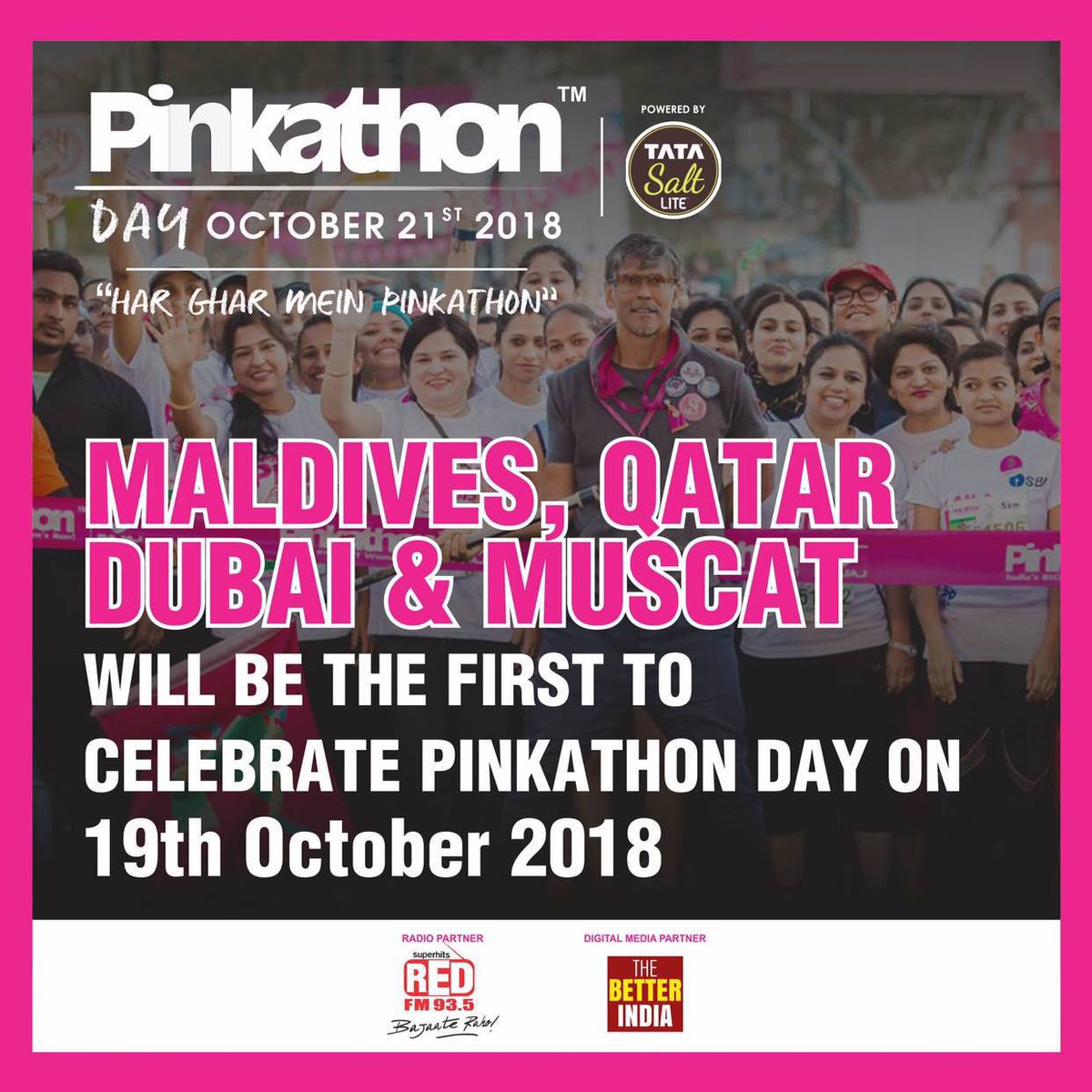 coachshujau's tweet photo. 1 day to go! 
Pinkathon Day Powered by Tata Salt Lite. 6 countries, 63 cities, 130 locations 😊😊

#FitWomen4FitFamilies 
#Pinkathonday 
#HargharmeinPinkathon 
#Tatasaltlite
#Live2Inspire https://t.co/wBnUIPtars