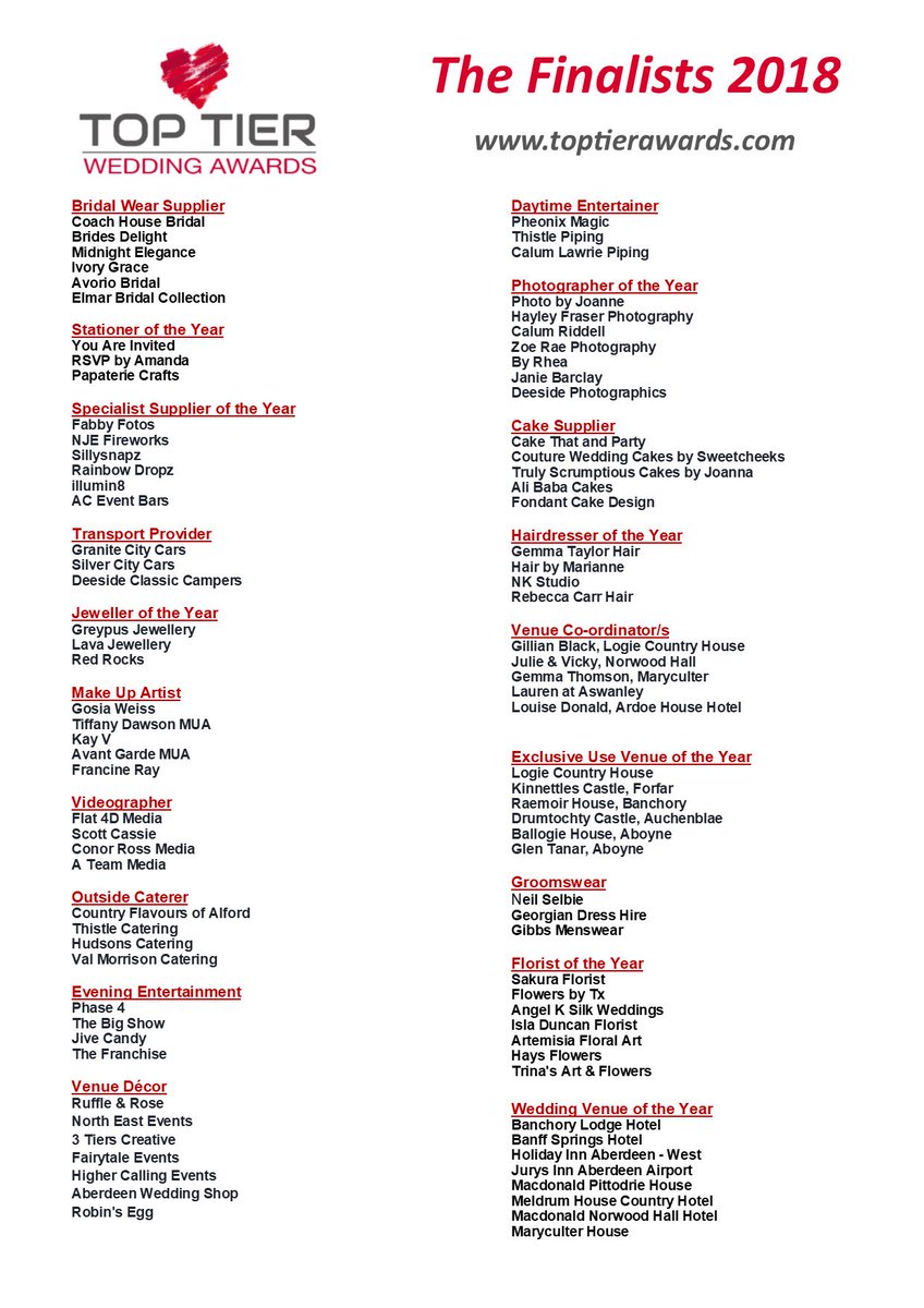 toptierawards's tweet photo. Here is the list of th Finalists in the Top Tier Awards 2018. Good Luck. https://t.co/so1iqnJKTL #toptierawards #northscotland #weddingawards https://t.co/xrNq4NhFXm