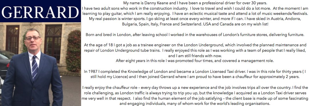 DriveGerrard's tweet image. Gerrard would like to introduce you to yet another elite chauffeur - 
Mr Danny Keane.

#Gerrard #Elite #Chauffeurs #ChauffeurProfile #MeetTheTeam