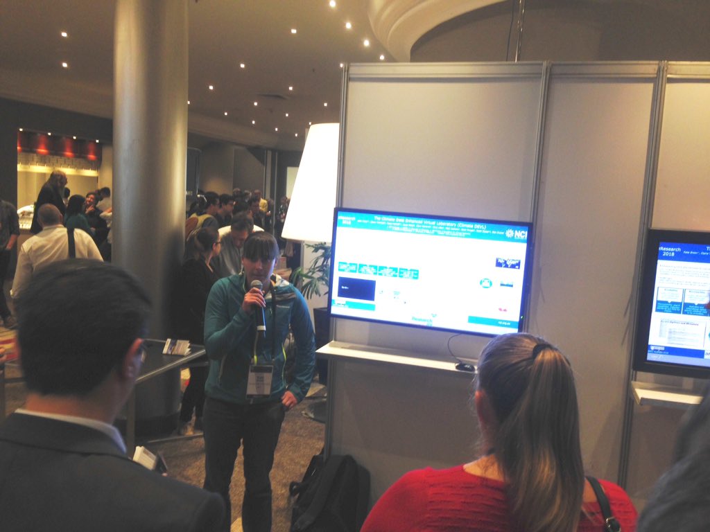 NCInews's tweet image. NCI's Kate Snow presenting her e-poster about the CMIP6 climate dataset and our work with @ands_nectar_rds on the Climate Science Data-Enhanced Virtual Laboratory. #eResAU2018