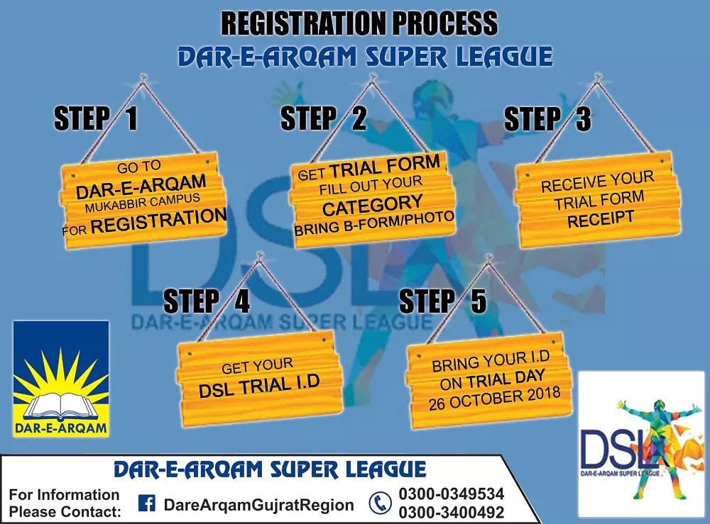 Registration Process - Dar-e-Arqam Super League (DSL), 5 steps to follow in order to get registered 
#DSL #Dar_e_Arqam #PSL #PCB #CricketTrials #DareArqam #GujratTrials #MuhammadIRFAN