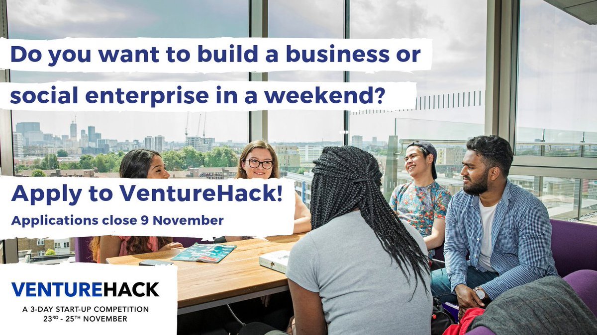 QMUL_Enterprise's tweet photo. Hey #QMUL students! Want to build a start up in a weekend? On 23 - 24 Nov, join us for #VentureHack - a 3 day start up comp open to @UoLondon students. We're giving you the chance to build an idea and launch in just 3 days... sign up by Nov 9! https://t.co/JU5XjSfn6v @qmcareers https://t.co/dtVfkN3GJV