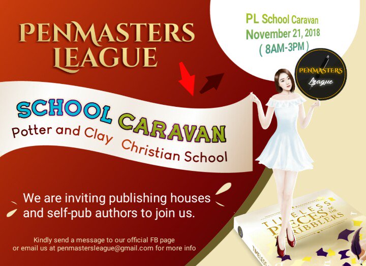 PenmastersL's tweet photo. Penmasters League Book Caravan coming soon! Our first stop, the Potter and the Clay Christian School, Malabon City!

#PLBookCaravan https://t.co/fORxrGHyuc