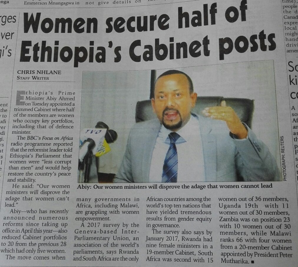 'Women are less corrupt than men....Our Women ministers will disprove the adage that women cannot lead'
I like Ethiopia's Prime Minister
#WomenCanLead