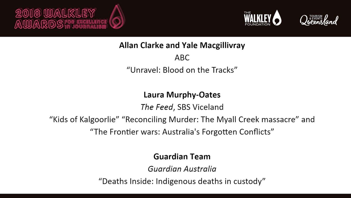 Walkley Foundation (@walkleys) on Twitter photo The finalists for Coverage of Indigenous Affairs are: Allan Clarke and Yale Macgillivray; Laura Murphy-Oates; Guardian Team. #Walkleys The finalists for Coverage of Indigenous Affairs are: Allan Clarke and Yale Macgillivray; Laura Murphy-Oates; Guardian Team. #Walkleys
