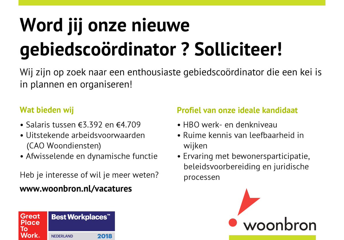 Woonbron heeft een vacature voor een gebiedscoördinator! Word jij onze nieuwe collega?