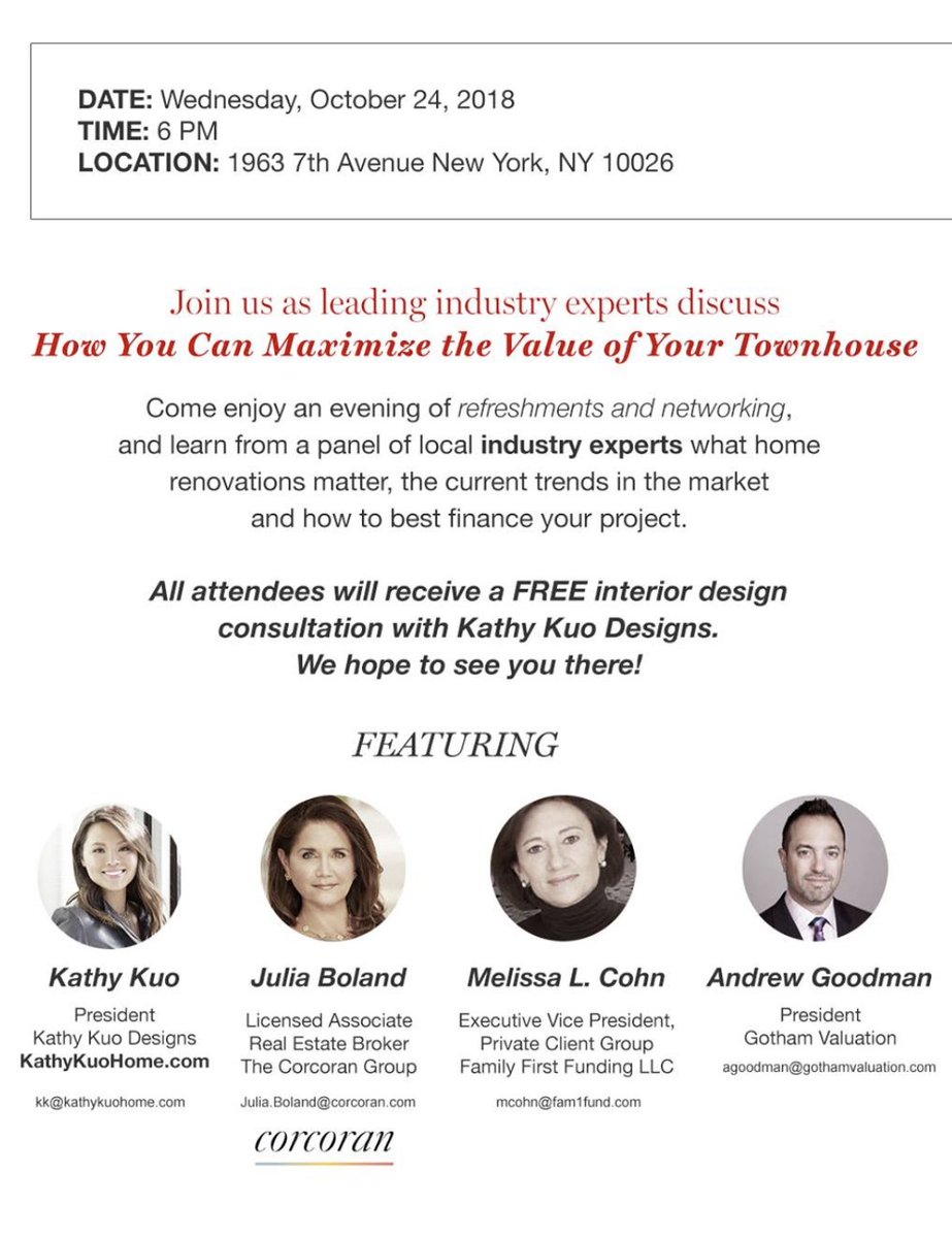 MelissaLCohn's tweet photo. This is a great event for those of you who are considering the purchase of a #townhouse. We will provide insight into how to maximize your #investment with the right improvements, financing for acquisition and improvements, and a #marketupdate. RSVP to juestina.lu@corcoran.com. https://t.co/xbns709ajM