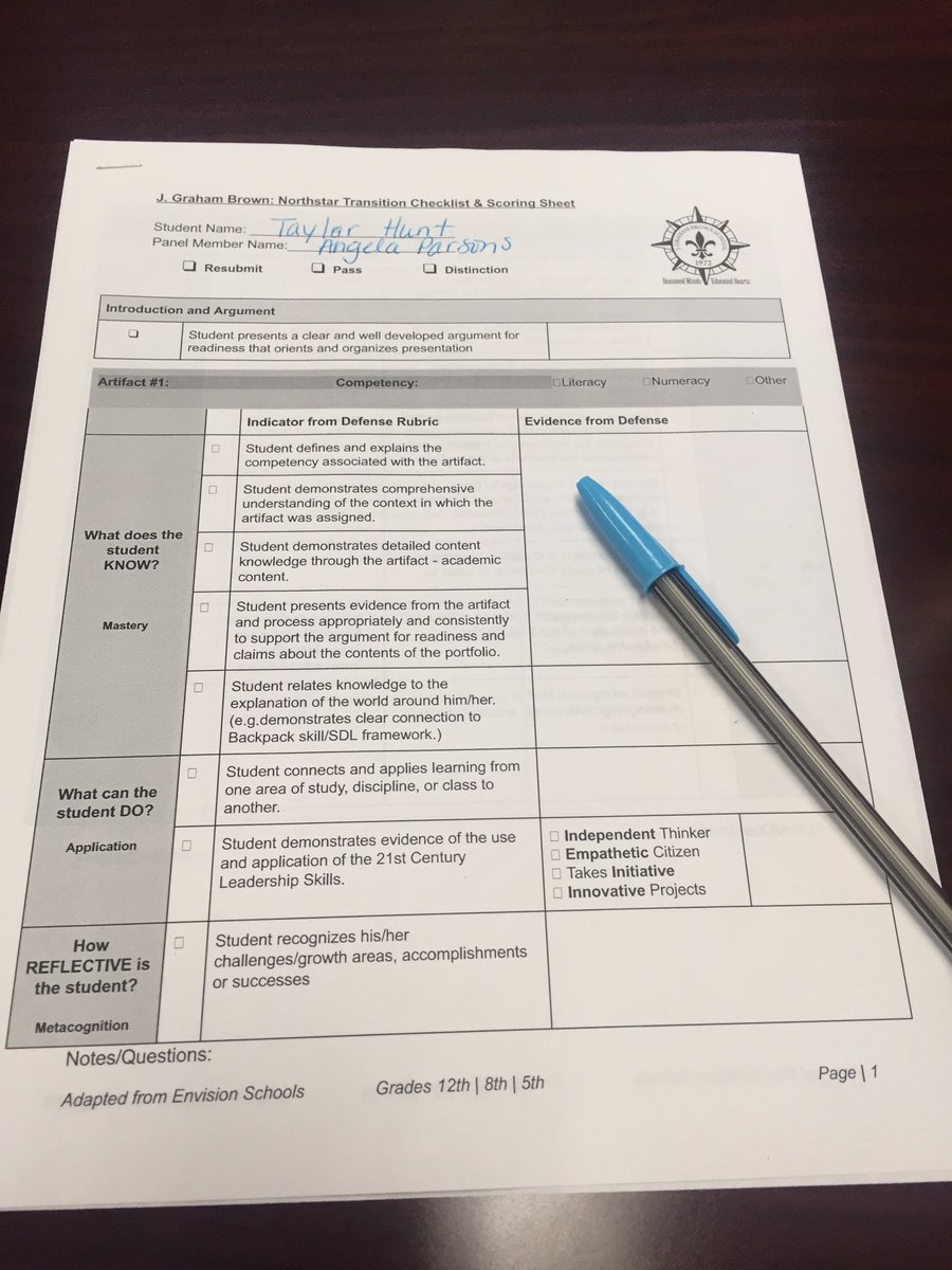 Brown_Principal's tweet photo. This is our @JCPSBackpack rubric we are piloting today during our 8th grade and 12th grade academic defenses. @JCPSAsstSuptHS @daniellewashb https://t.co/RsDWq5Xoem