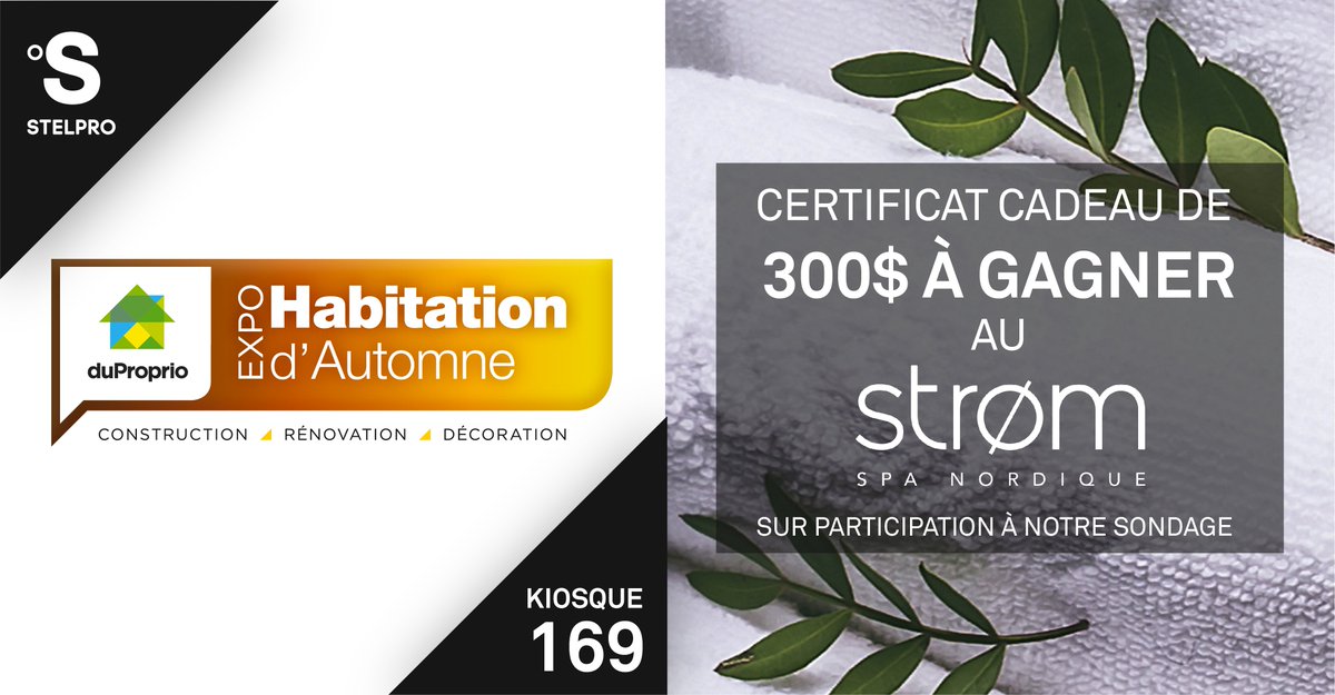 StelproOfficiel's tweet photo. Dès 12h aujourd'hui, nous serons à l'@expohabitation d'automne. Venez essayer nos nouveaux produits. De plus, vous pourriez gagner un certificat cadeau de 300$ au Strom Spa! Détails à notre kiosque. https://t.co/A6KtO4MBlz