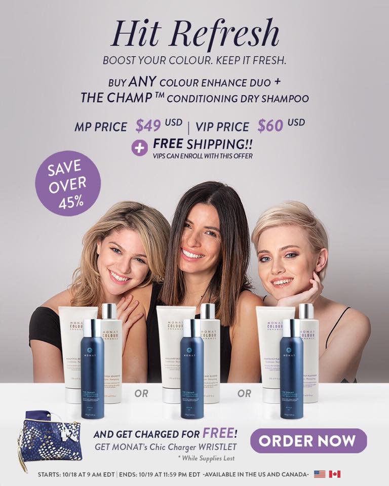 MONATOfficial's tweet photo. RECHARGE your colour! 💁🏼♀️ Buy any Colour Enhance Duo + THE CHAMP™ Conditioning Dry Shampoo and get charged up!
Buy NOW & receive MONAT’s Chic Charger Wristlet FREE + FREE SHIPPING!
#MONATFlashSale https://t.co/fxUibQwu5w