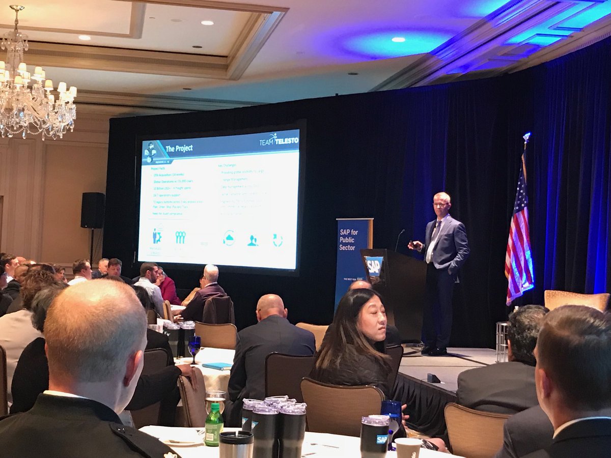 MikeLennon59's tweet photo. Soren Hastrup from @telesto group briefing #sapfuturegov audience on work they and SAP are doing in support of TRANSCOM mission. Nice job Soren! https://t.co/1bIxfO6YUP