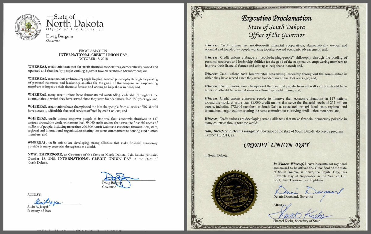 Happy #ICUDay! Thank you to North Dakota Governor Doug Burgum and South Dakota Governor Dennis Daugaard for acknowledging this special day and proclaiming International Credit Union Day in the Dakotas!