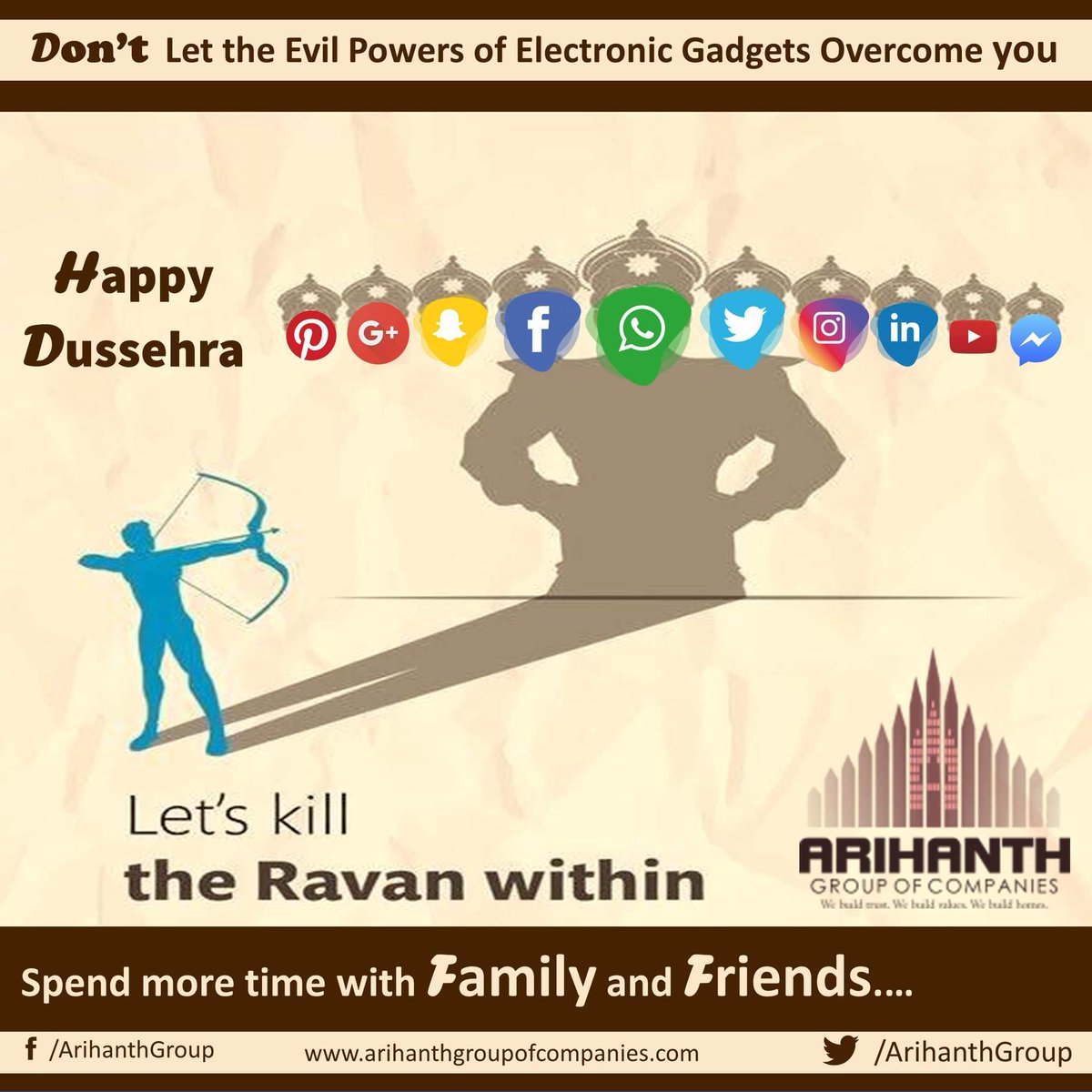 ArihanthGroup's tweet photo. Don’t  Let the Evil Powers of Electronic Gadgets Overcome you

Let's Kill the RAVAN within

Spend more time with Family and Friends.…

#HappyDussehra https://t.co/gjDSW4cgDB