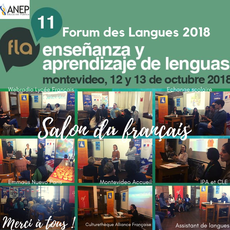<a href="/FranceenUruguay/">La France en Uruguay🇫🇷</a> <a href="/frances_StoDom/">francés Santo Domingo</a> <a href="/AFmontevideo/">Alianza Francesa MVD</a> <a href="/LyceeMontevideo/">Lycée Français Montevideo</a> <a href="/ANEP_Uruguay/">ANEP</a> @LinguisticaANEP Merci à tous ceux qui ont participé à cette journée et qui, à travers leurs initiatives, projets, expériences ... contribuent à faire vivre le français en Uruguay.