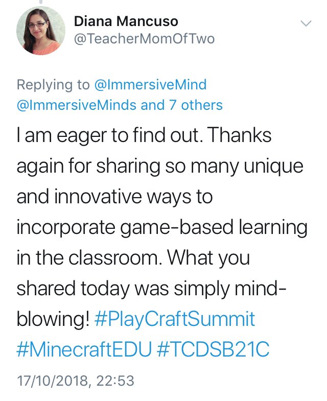 ImmersiveMinds's tweet photo. By all accounts, it was an incredibly engaging and inspiring day at #PlayCraftSummit yesterday with @ImmersiveMind and @MicrosoftEduCA but what will unfold on day two? #MindBlown #TransformationalPD https://t.co/sWvfMXV7rH