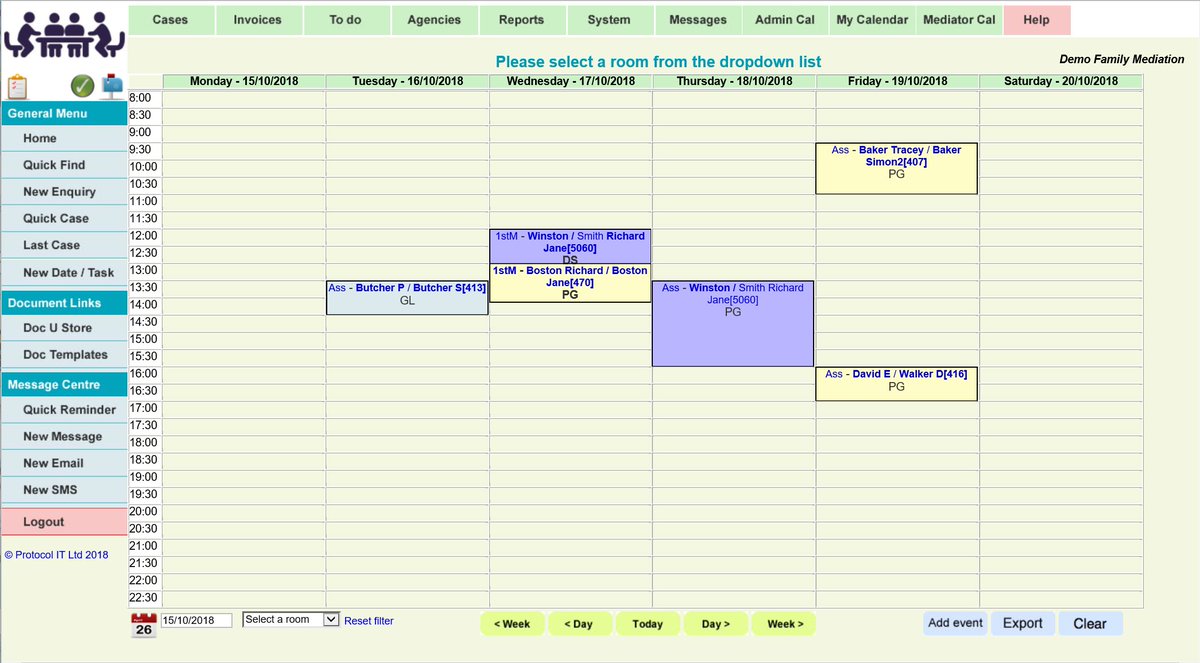 progressmediate's tweet photo. We've been developing a new room booking calendar view today which integrates with mediator's appointments. This can with show all rooms or filter to individual rooms using a dropdown. #innovatenotimitate #progressmediation #familymediation https://t.co/pOHgz1slbD
