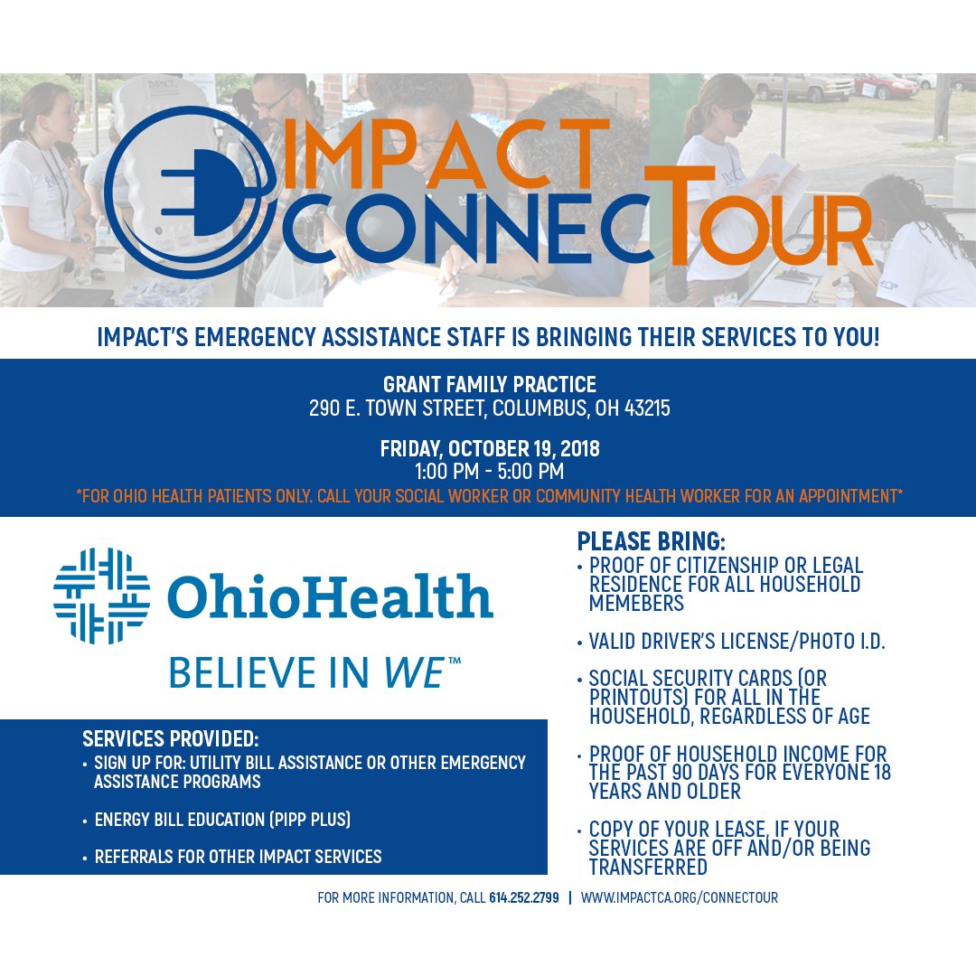 IMPACTCA's tweet photo. The IMPACT ConnecTour is coming to Grant Family Practice! If you are an Ohio Health Patient you can schedule an appointment through your social worker or community health worker #impact #connectour #services #community https://t.co/WCTZWlGi8U