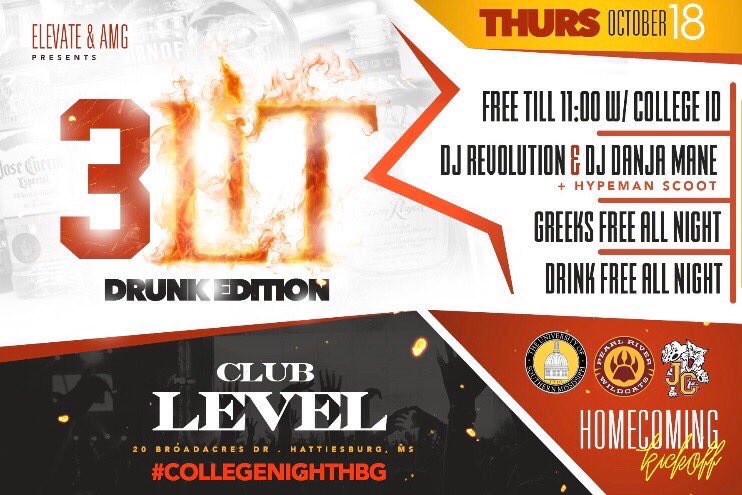 ConnectUsm's tweet photo. #USMHOCO2018 #TONIGHT
#3LITDRUNKEDITION ONLY AT #ClubLeVeL....
WHY PAY AFTER 10 When We LETTING #EVERYBODYFREE TIL 11pm and #DrinkFreeAllNite and #GreeksFree ALL NITE. https://t.co/IFYsSTNd9s