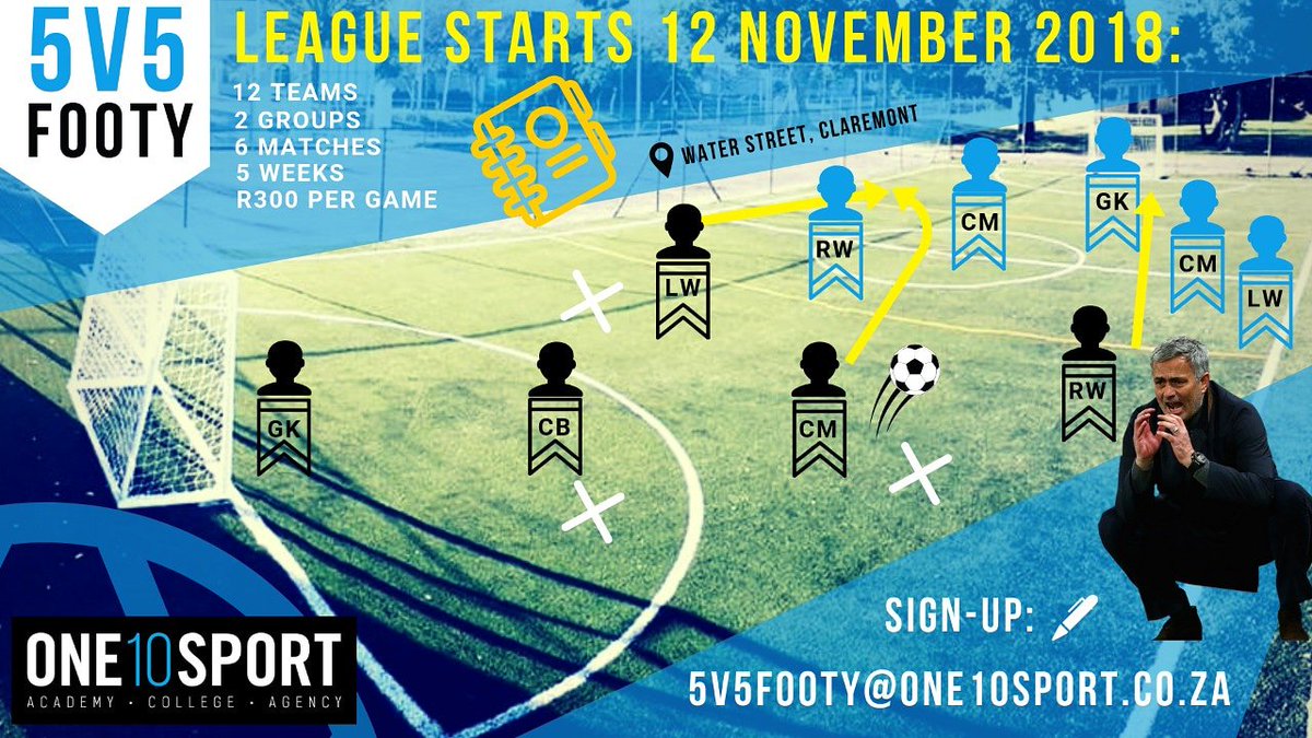 One10Sport's tweet photo. Dust the boots off and join our 5v5 Social Summer League, kicking-off on 12 November 2018 in Claremont.
To register a team or for more details, kindly contact us at: 5v5footy@one10sport.co.za. https://t.co/eAMGlOJ2CW