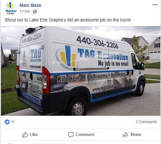 We're always proud of our work! Thank you TAG RENOVATION for your kind words!

#printing #printshop #printingservice #graphics #vehiclewraps #vehicledecals #wrapping #wideformat #wideformatprinting #kitchen #baths #renovations #basements #repairs