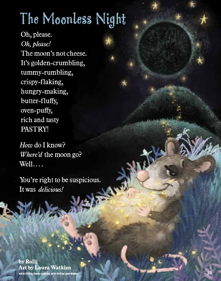 What do you think the #moon is made of? This poem by @rolliwrites appears in the latest issue of LADYBUG Magazine, with illustrations by Laura Watkins. Discover LADYBUG: bit.ly/2qBKtN8 #Kidlit