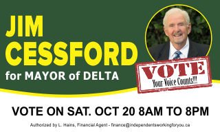 "Leadership, integrity, humour, compassion the ability to connect with others." That's Jim Cessford, our candidate for Mayor of #DeltaBC. Learn more about Jim here: bit.ly/JimCessford

#YourVoiceCounts #NoVoiceTooSmall #MakingDeltaBetter #TrustedCommunityLeadership