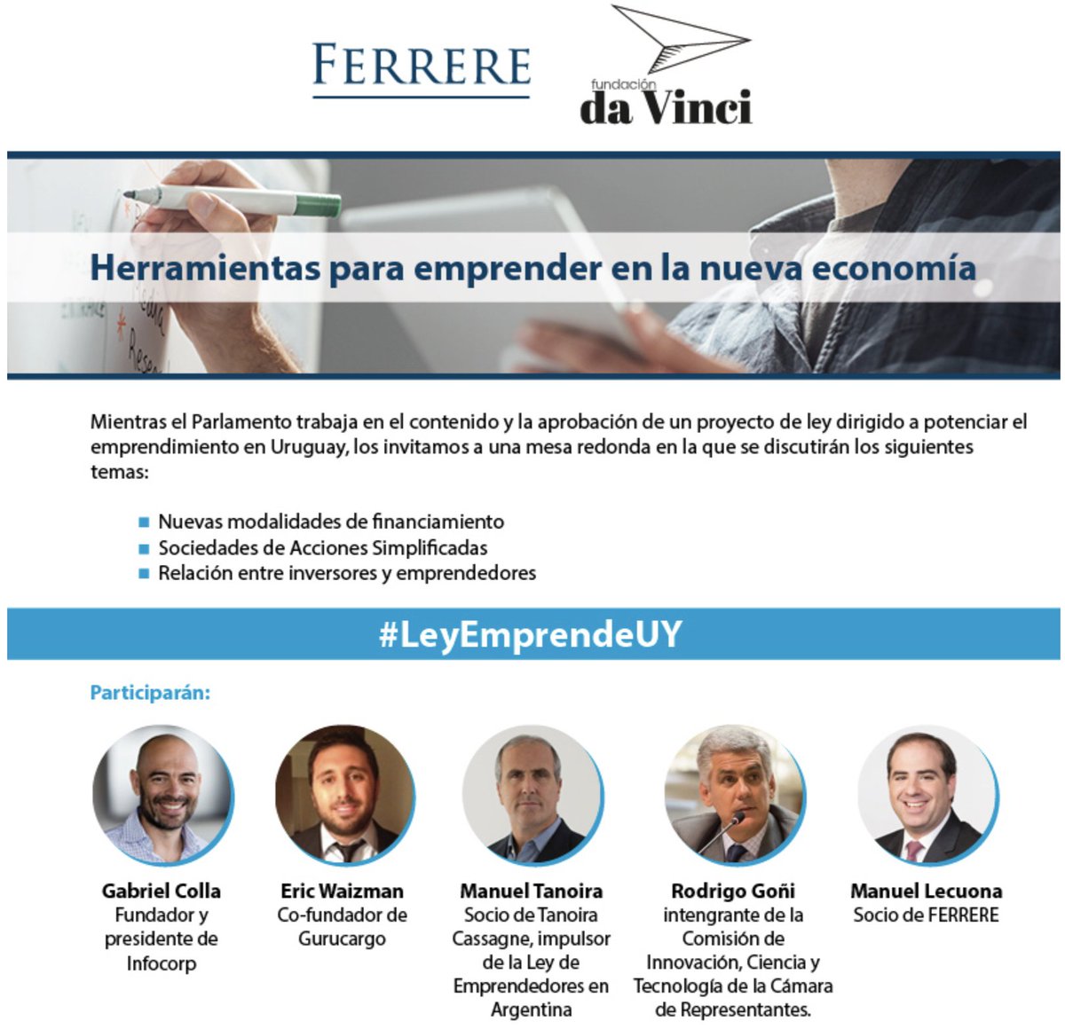 #LeyEmprendeUY con la participación de nuestro CFO - Eric Waizman
Hora: Miercoles 31 de Octubre , 9:00 am 
Lugar: Auditorio <a href="/cpa_ferrere/">CPA FERRERE</a> Juncal 1392