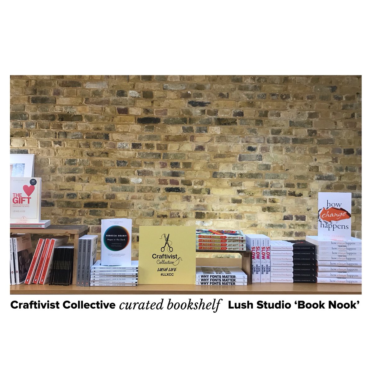 Craftivists's tweet photo. ✨🤓📚Head to the quiet Book Nook upstairs in @Lush Studio, Soho LDN & chill out with one of the twelve books we picked for our #craftivism #shelfie - you can even take one of the books home with you for free 🤓📚✨ #LLxCC @lushlifeen https://t.co/VYyqXzJ3KB