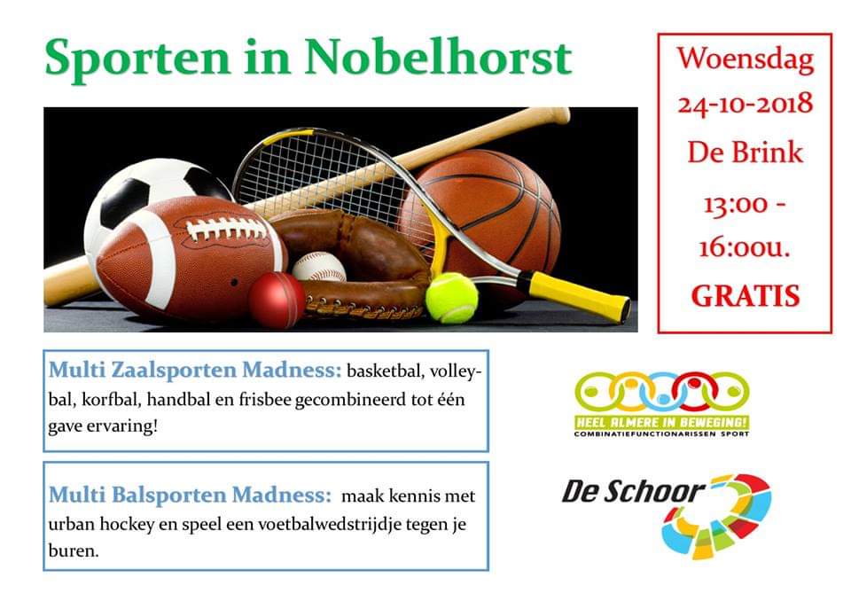 Na een succesvolle reeks activiteiten in de zomervakantie bieden de <a href="/cf_sport/">CF Sport</a> van <a href="/deschoor/">De Schoor</a> ook in de #herfstvakantie een sportactiviteit aan in <a href="/dorpnobelhorst/">Nobelhorst</a>! Deelname is gratis, doe je mee?!

#heelAlmereinbeweging

<a href="/SportAlmere/">Sport Almere</a> @MartijnPostuma <a href="/bsNobelhorst/">BuurtschapNobelhorst</a> <a href="/WonenNobelhorst/">Wonen in Nobelhorst</a>