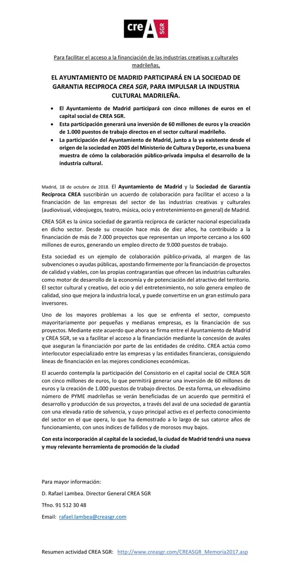 CREASGR's tweet photo. El ayuntamiento @MADRID participará en CREA SGR para impulsar la industria cultural madrileña #cultura #financiacion https://t.co/463kCqktD1
