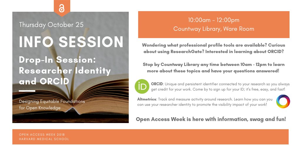 HMSCountway's tweet photo. #OAWeek Event: Next week stop by @HMSCountway between 10-12pm to learn more about #ResearcherIdentity, @ORCID_Org, @HarvardDASH, @altmetric (and more) and have your questions answered! Thursday 10/25 any time between 10am-12pm Countway Library, Ware Room https://t.co/EyheWi8zbZ https://t.co/RCZeTYZbzU