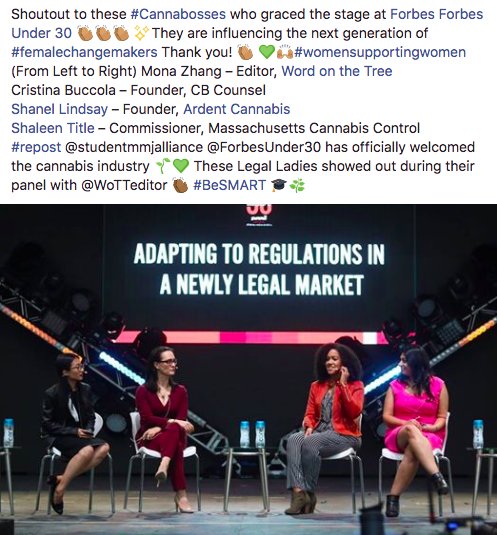 RT womengrow 'Shoutout to these #Cannabosses who graced the stage at Forbes ForbesUnder30 👏🏽👏🏽👏🏽 
ZhangMona Cristina Buccola  ShanelLindsay shaleentitle 
✨They are influencing the next generation of #femalechangemakers Thank you! 👏🏽 💚🙌🏽#womensupporti… '