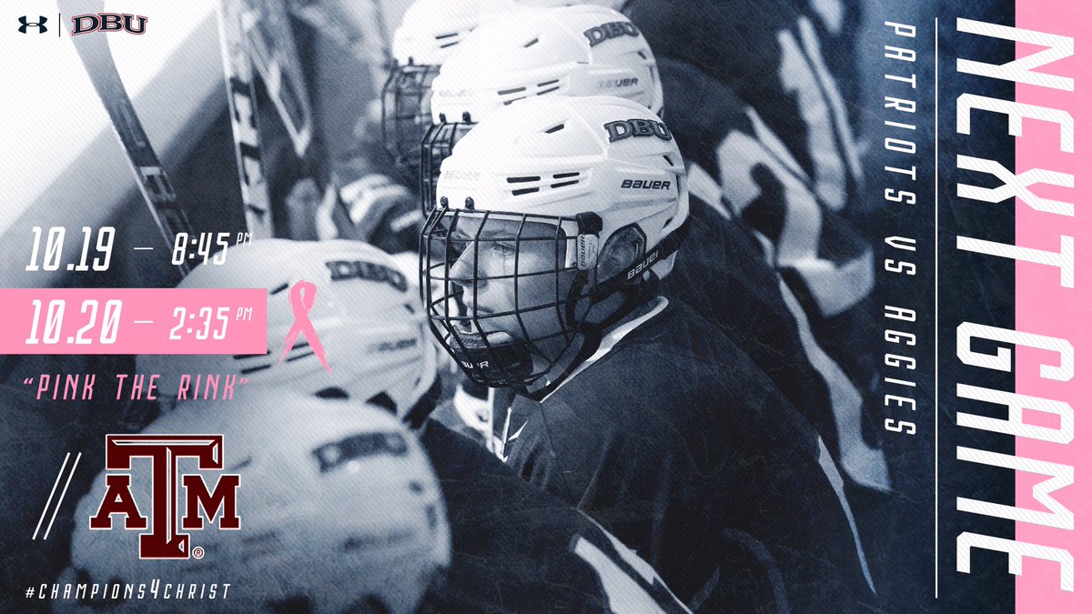 DBUAthletics's tweet photo. NEXT GAME!! 
Friday: 8:45pm 📍Dr. Pepper StarCenter - Valley Ranch
Saturday: 2:35pm 📍Allen Events Center 
Saturday is PINK THE RINK so wear your pink for breast cancer awareness. #Champions4Christ https://t.co/TqR2RkjTNg