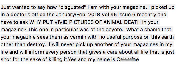 OutdoorGardner's tweet image. The @OutdoorCanada office rec’d this actual message today. Apparently she did not know we are a hunting &amp;amp; fishing magazine #hunting #hunthard #meateater