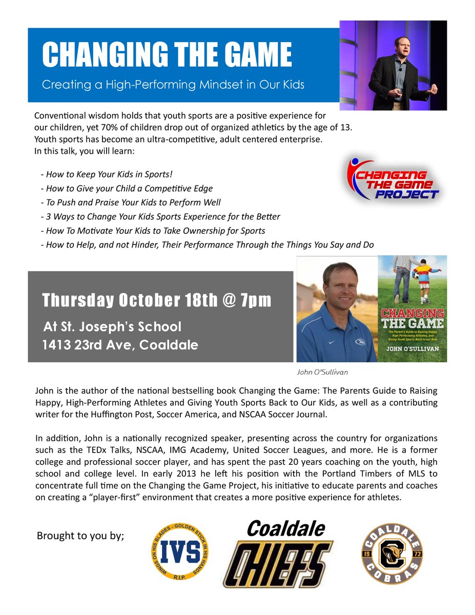 CobrasHockey's tweet photo. CMHA!!  Today’s the day!!  Join us for Changing the Game with John O’Sullivan, 7 pm at St Joseph’s School. https://t.co/VQQROB6L9Y