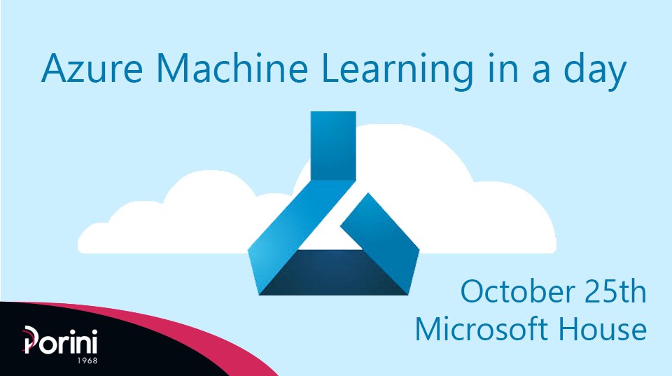 PoriniGroup's tweet photo. 10/25 - #MicrosoftHouse - Milan | Join us at #AzureMachineLearningInaDay, a free training day organized by @microsoftitalia and Porini.
Learn the basics of #MachineLearning and create your first #PredictiveModels with #AzureMachineLearning. Sign up: https://t.co/BAT5OkQd43 https://t.co/Svm8LGhvJz