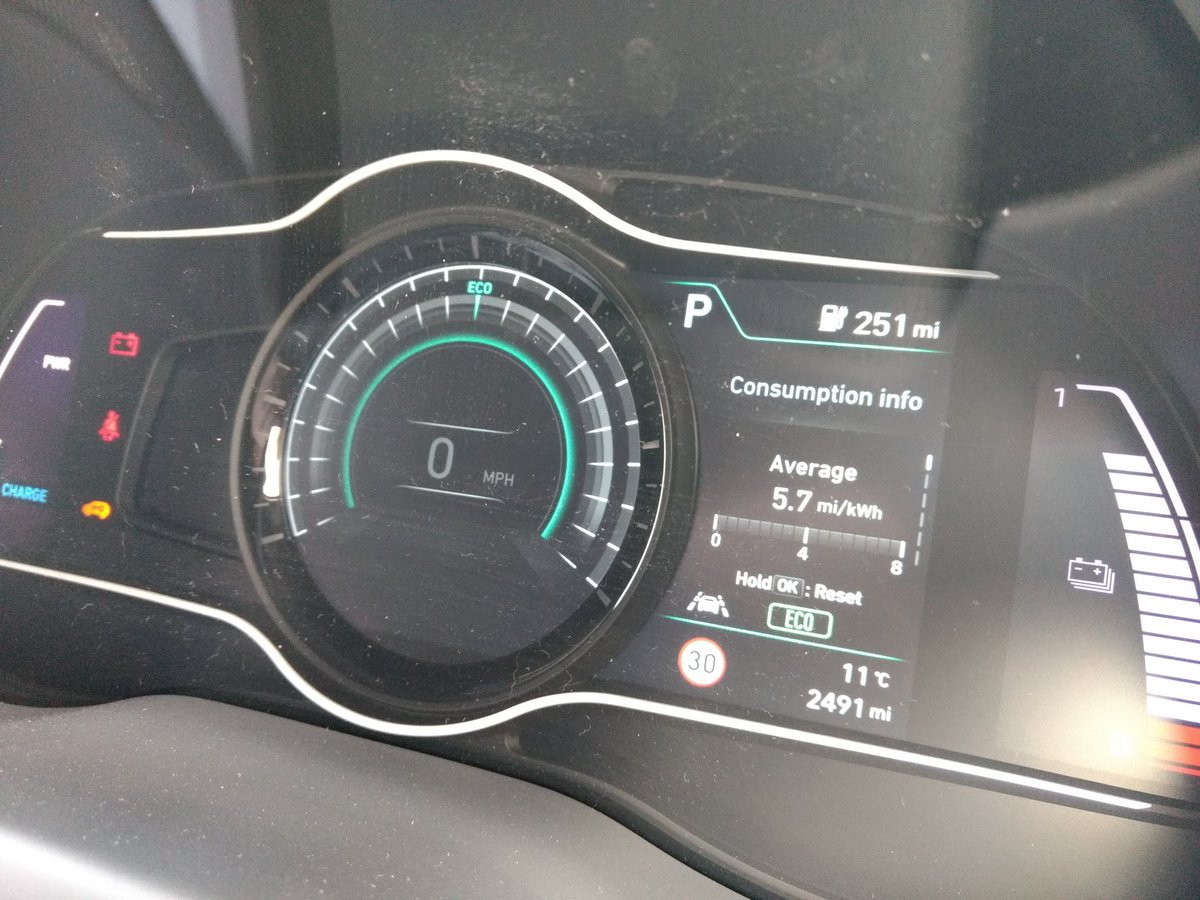 jonmusk's tweet photo. Marathon update. Set off with 92% this morning (overnight charge insufficient to reach 100%). At coffee stop now, 5.7 miles/kWh after a lot of hill climbs. 81% remaining. #MPGM18 https://t.co/QY8K9JSd68
