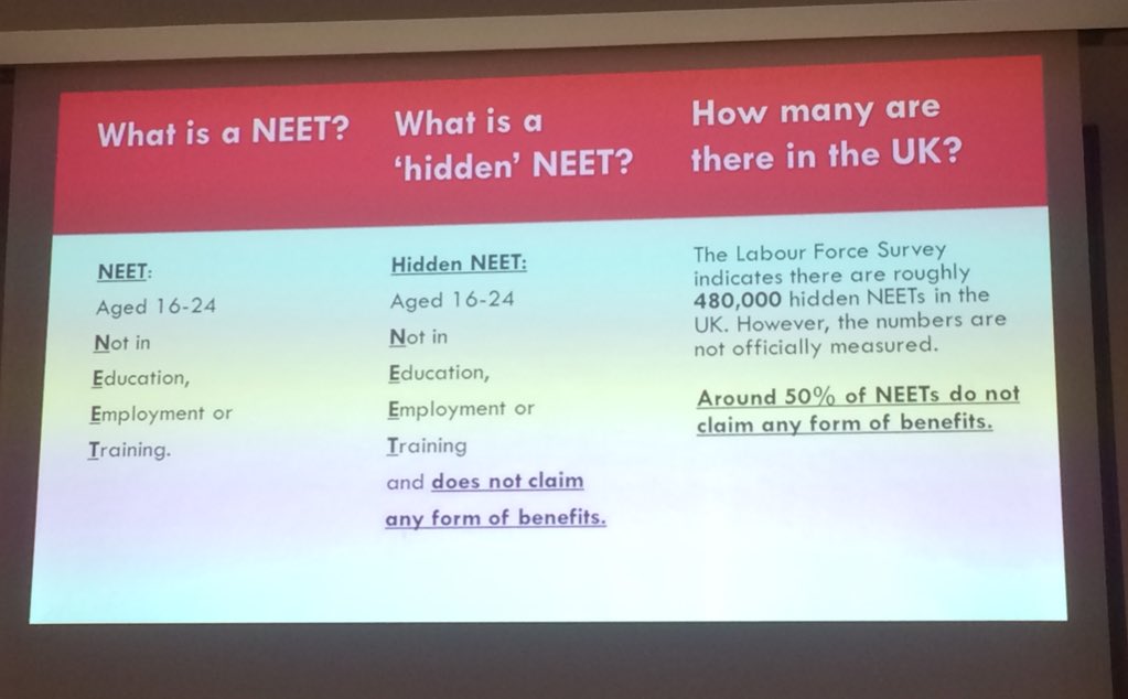 AbiWoodward_PhD's tweet photo. Around 50% of #NEETS do not claim any form of benefits. @ChrisDevany_PhD discussing his emerging #phd research on #hiddenNEETS  at #TalentMatch2018 https://t.co/Crobw7d5eZ