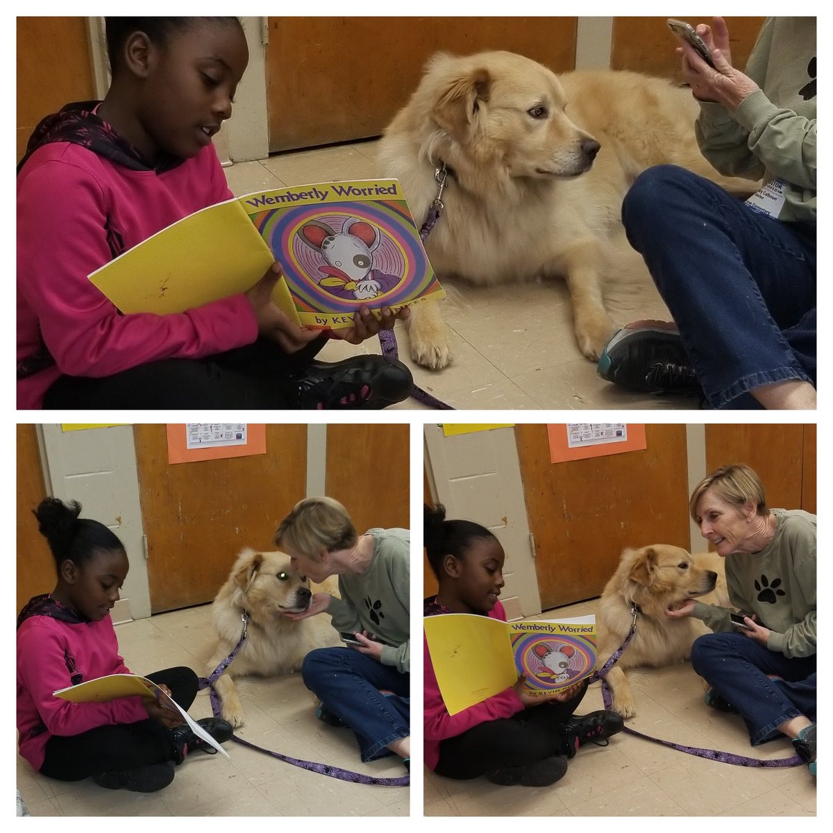 ConnerConquers's tweet photo. "Libby Listens" visits 2nd grade teacher Norrell's class.  The results  are twofold, the child gets to practice reading skills and become more  comfortable around dogs. https://t.co/gl5GobHdZ9