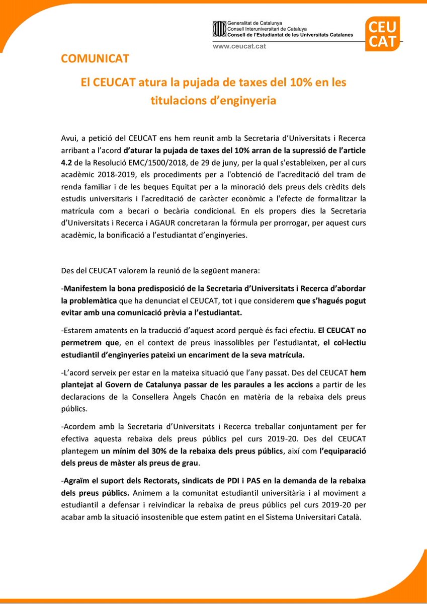 ceucat's tweet photo. 🔴El CEUCAT aturem la pujada de taxes del 10% a l'Estudiantat d'enginyeria

-Garantim el compliment de l'acord

-Acordem treballar x la rebaixa del 30% amb la SUR i animem al moviment estudiantil a defensar-lo

-Agraïm la predisposició d'@universitatscat

#RecuperemLaUniversitat https://t.co/vfkHyfD1N2