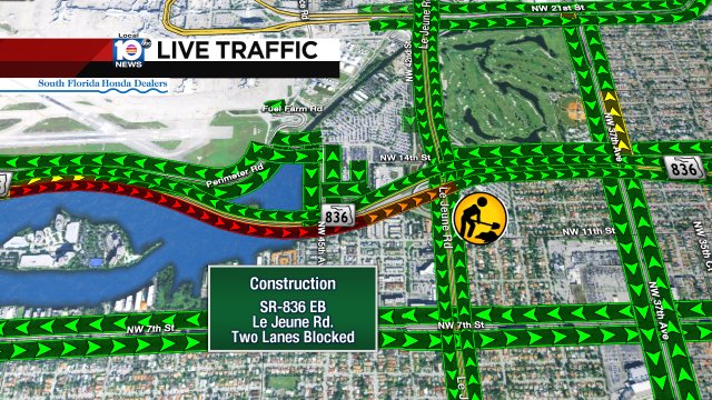 CONSTRUCTION: SR-836 EB & Le Jeune Rd. Two lanes are blocked and delays are building. #TRAFFIC #MIAMI https://t.co/M3CMhH4DYk