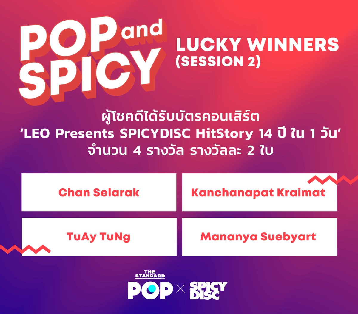 TheStandardPOP's tweet photo. ประกาศรายชื่อผู้โชคดีได้รับบัตรคอนเสิร์ต ‘LEO Presents SPICYDISC HitStory 14 ปี ใน 1 วัน’ จำนวน 4 รางวัล รางวัลละ 2 ใบ จากการร่วมสนุกในกิจกรรม POP &amp; SPICY Acoustic Session ครั้งที่ 2 ผ่าน https://t.co/2qC1hIbprT
#POPandSPICY
#SPICYDISC
#TheStandardPop
#TheStandardCo https://t.co/khtjsjUKzH