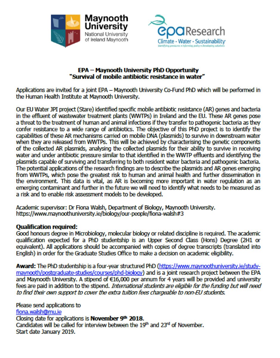 4 years funded PhD position my lab: Survival of mobile antibiotic resistance in water. Please spread the word.