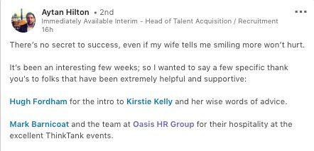 TheOasisHR's tweet photo. We love to hear positive feedback, especially from our valued Think Tank members! Thank you @HiltonAytan for your kind words and contributions to our Think Tank #HR community! #Thankyou #SHRM #Recruitment #TalentAquisition #Events #HRTTS https://t.co/iuGjUdyOsI